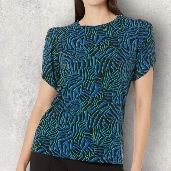MICHAEL Michael Kors Multi Zebra Petal Sleeve Top, BLK, GRN, & BLUE size LARGE - Picture 1 of 9